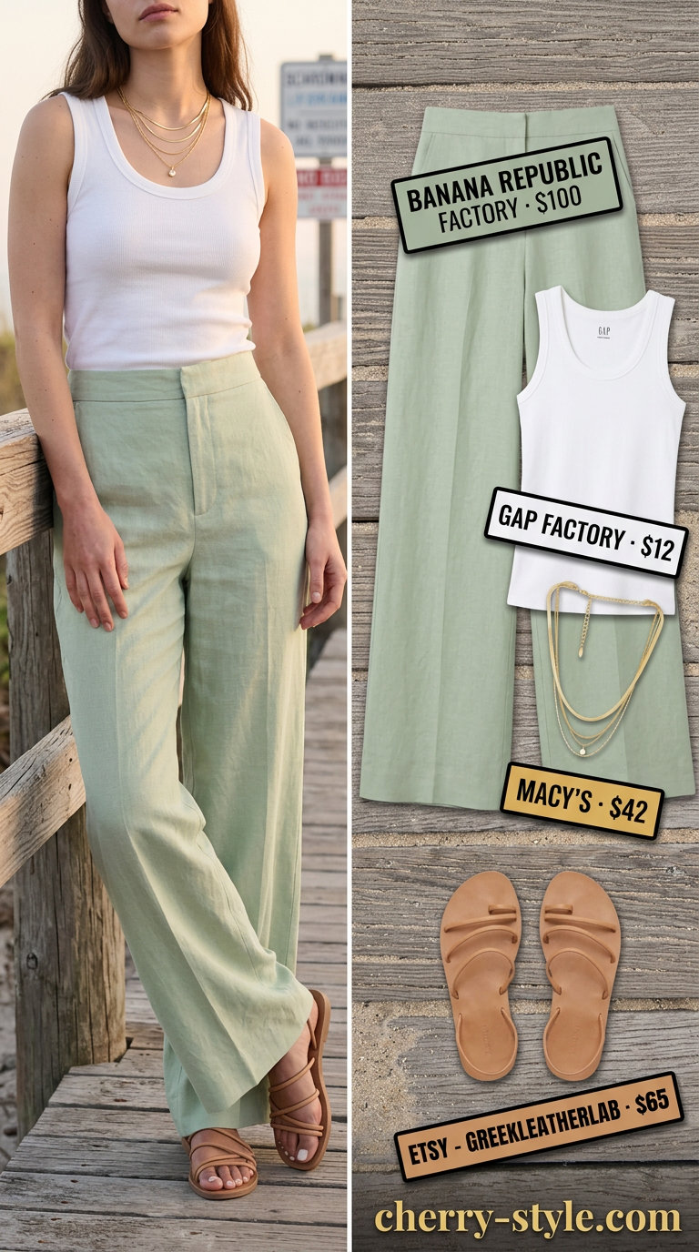 Best Summer Outfits for Every Body Type 2026: Sage green linen pants with cream tank for a relaxed summer evening.