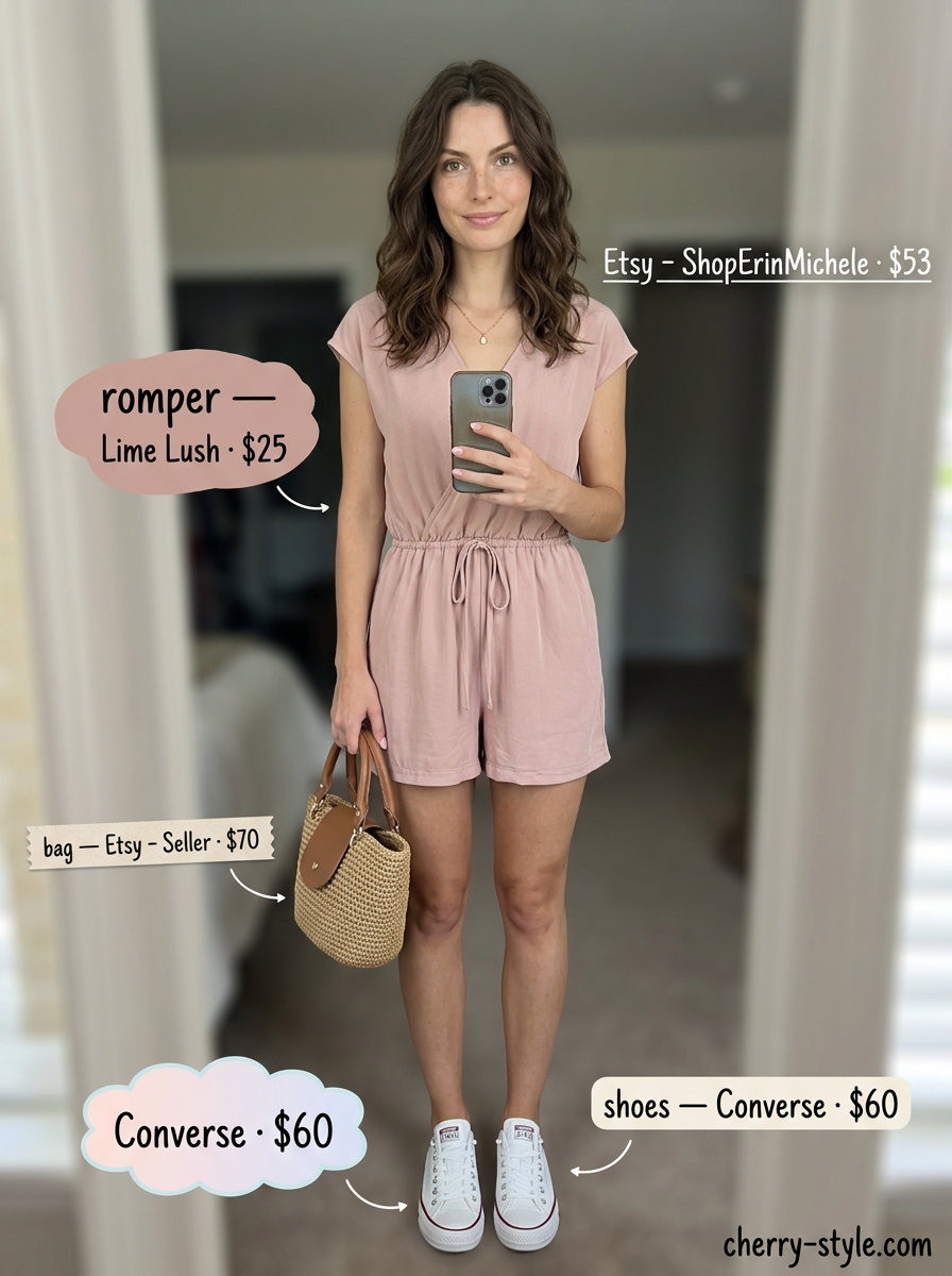 Best Summer Outfits for Every Body Type 2026: Blush pink linen romper with white sneakers, straw tote, and gold necklace.