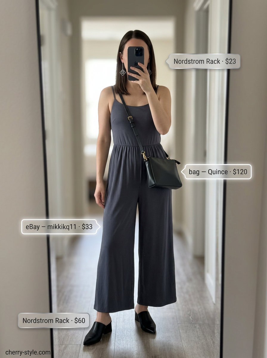 Best Summer Outfits for Every Body Type 2026: Charcoal grey wide-leg jumpsuit for a sophisticated evening out.