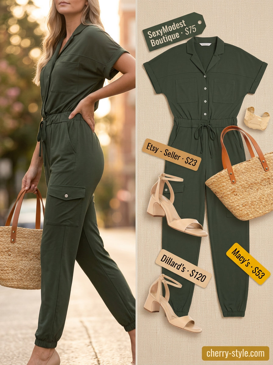 Best Summer Outfits for Every Body Type 2026: Olive green utility jumpsuit with tan sandals, straw tote, and gold bracelet.