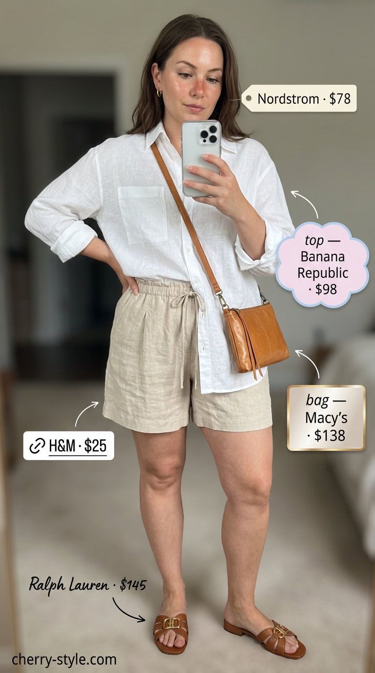 White linen shirt and beige linen shorts set for summer 2026 vacation. Relaxed and stylish.