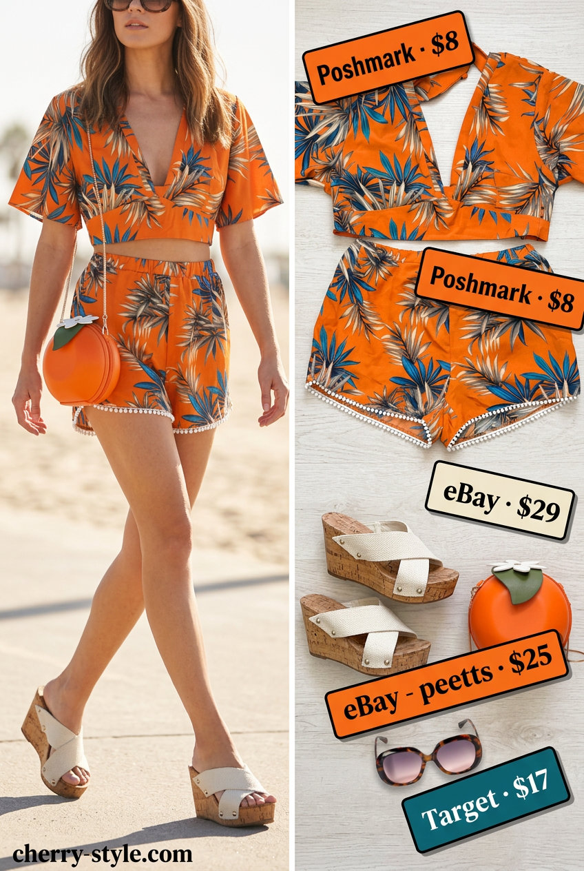 Teal and orange retro two-piece set for summer 2026 festivals. Fun and playful outfit.