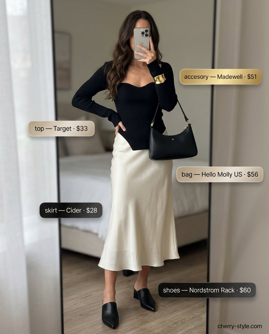 Best Summer Outfits for Every Body Type 2026: Beige satin midi skirt, black knit crop top, black mules, and gold bracelet.