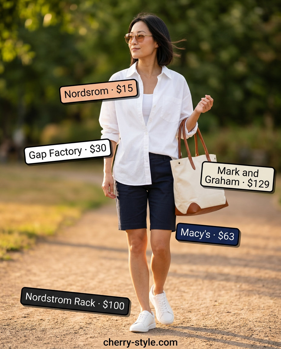White cotton poplin shirt and navy Bermuda shorts for summer 2026 casual outings. Sporty and relaxed.