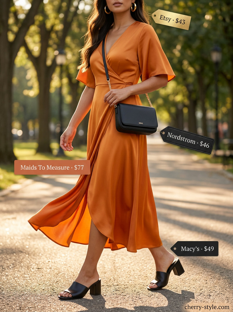 Mango orange satin midi wrap dress for summer 2026 date nights. Sophisticated and vibrant.