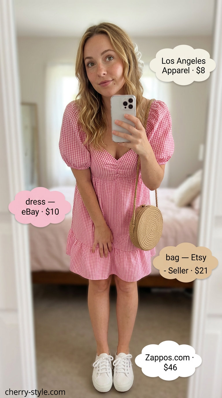 Pink gingham sweetheart sundress for summer 2026. Perfect for picnics and casual days out.