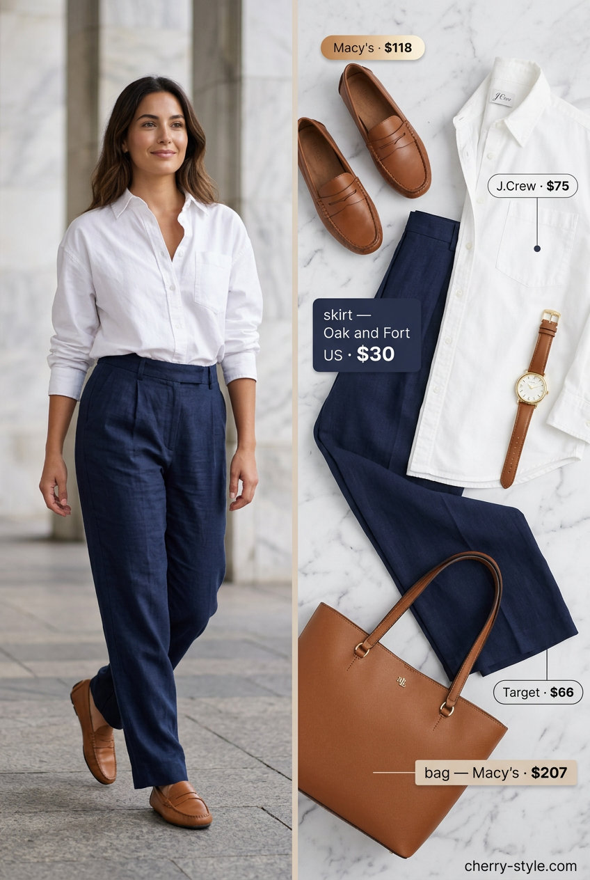 Best Summer Outfits for Every Body Type 2026: Navy tailored trousers with white oversized shirt for office casual.