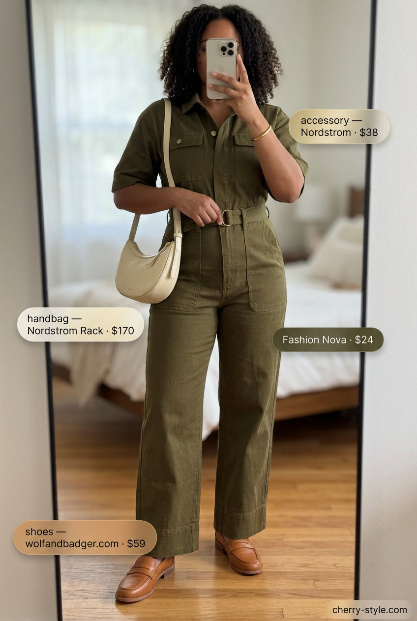 Best Summer Outfits for Every Body Type 2026: Olive green utility jumpsuit with tan loafers, cream crossbody bag, and gold bracelet.