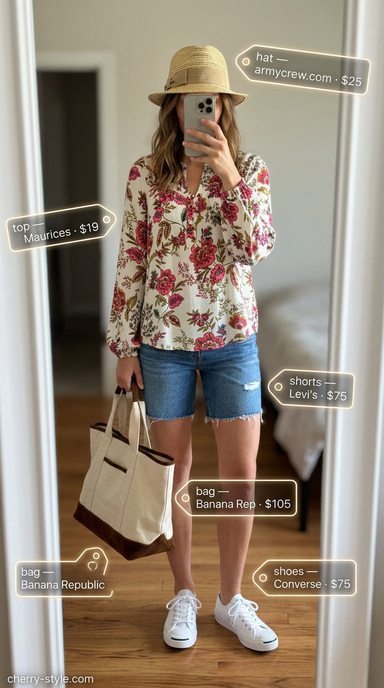 Denim shorts and floral peasant blouse for summer 2026 casual days. Comfortable and playful.