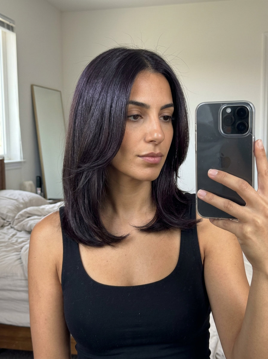 collarbone butterfly haircut in deep black-brown with subtle violet undertones, precision internal layers, professional mood
