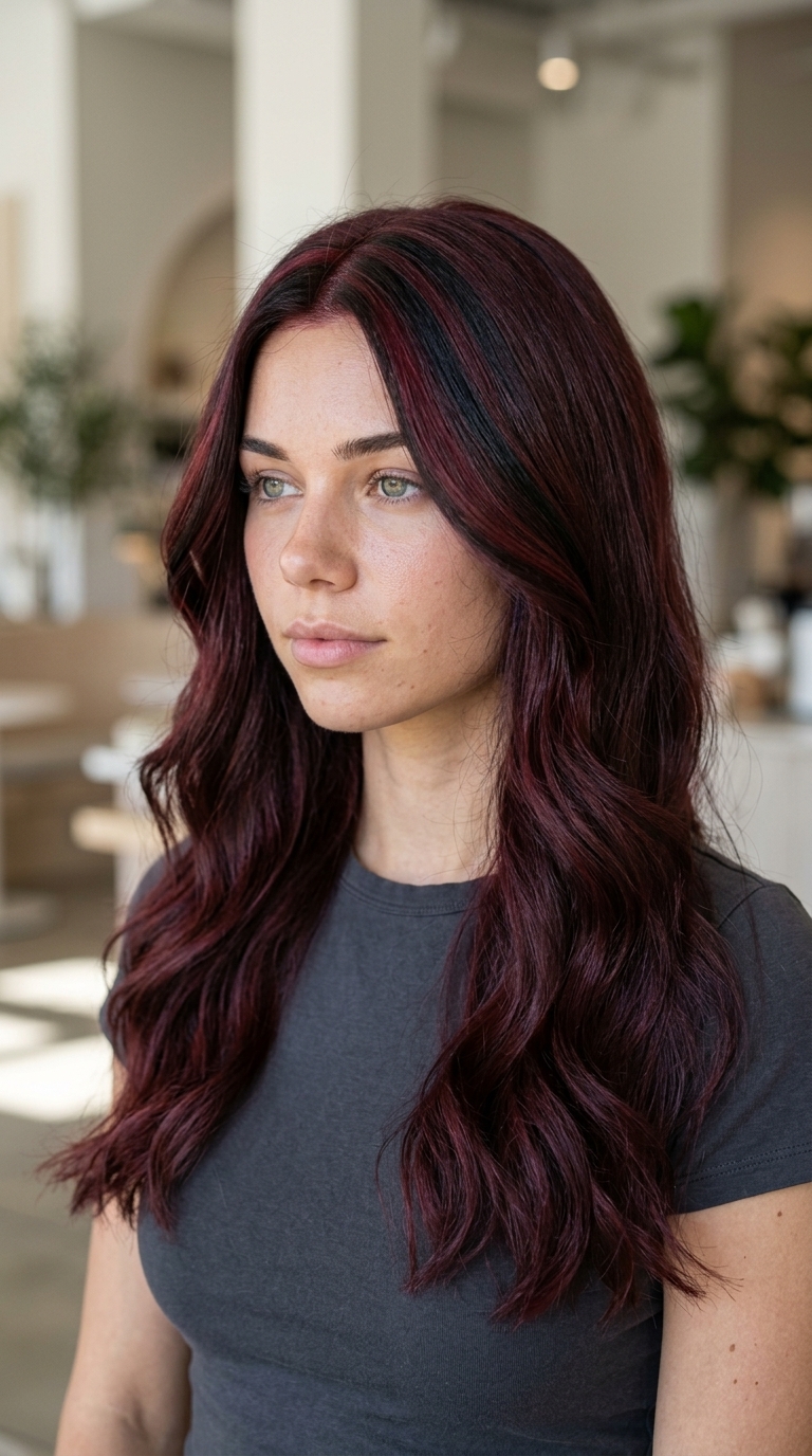 blunt mid-length cut with black cherry hairline highlight and dark espresso base for professional settings