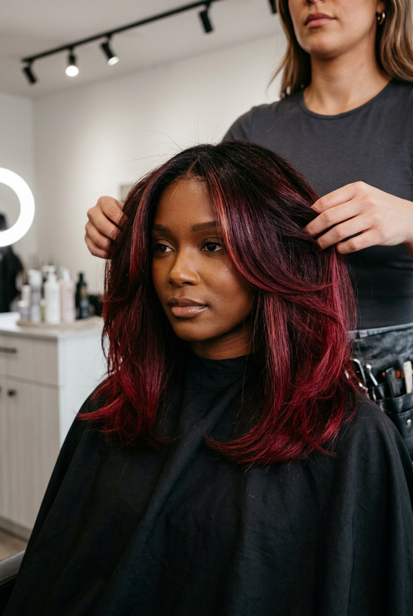long black cherry shadow root balayage with deep black cherry, crimson, dark violet, shadow root — dramatic summer