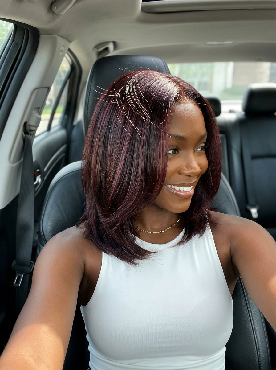 long black cherry highlights with red-violet tones, foilayage technique, no fringe — edgy evening