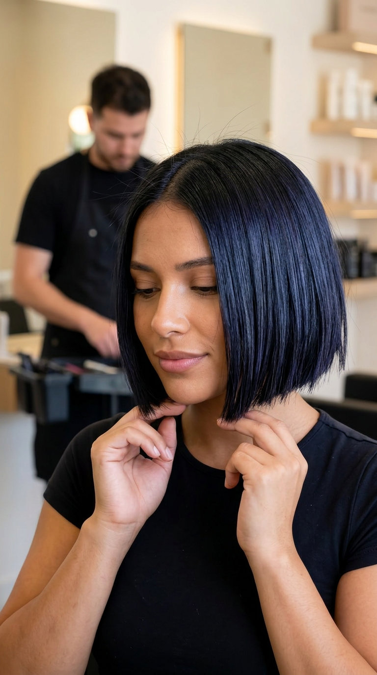 jaw-length blunt bob haircut in blue-black with violet undertones, heavy point-cutting for spikes — retro edgy