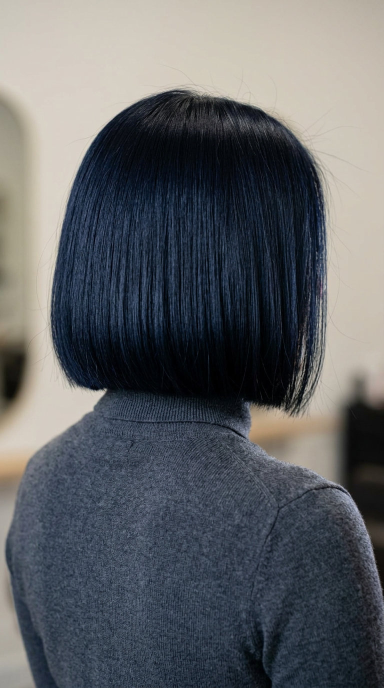short blunt bob with midnight blue-black, cool navy shimmer, high-gloss finish for date night