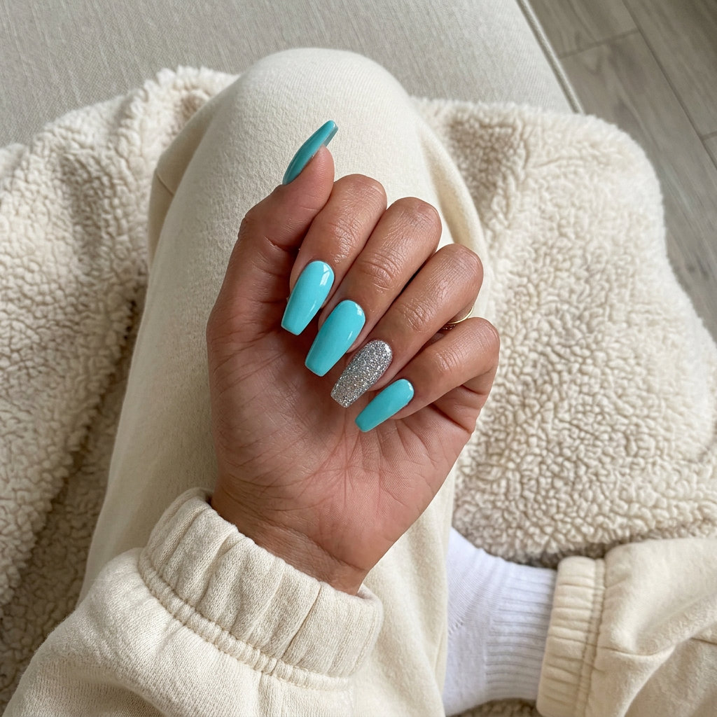 Aqua Blue Glitter Accent nails for vibrant summer 2026 vacations and festivals.