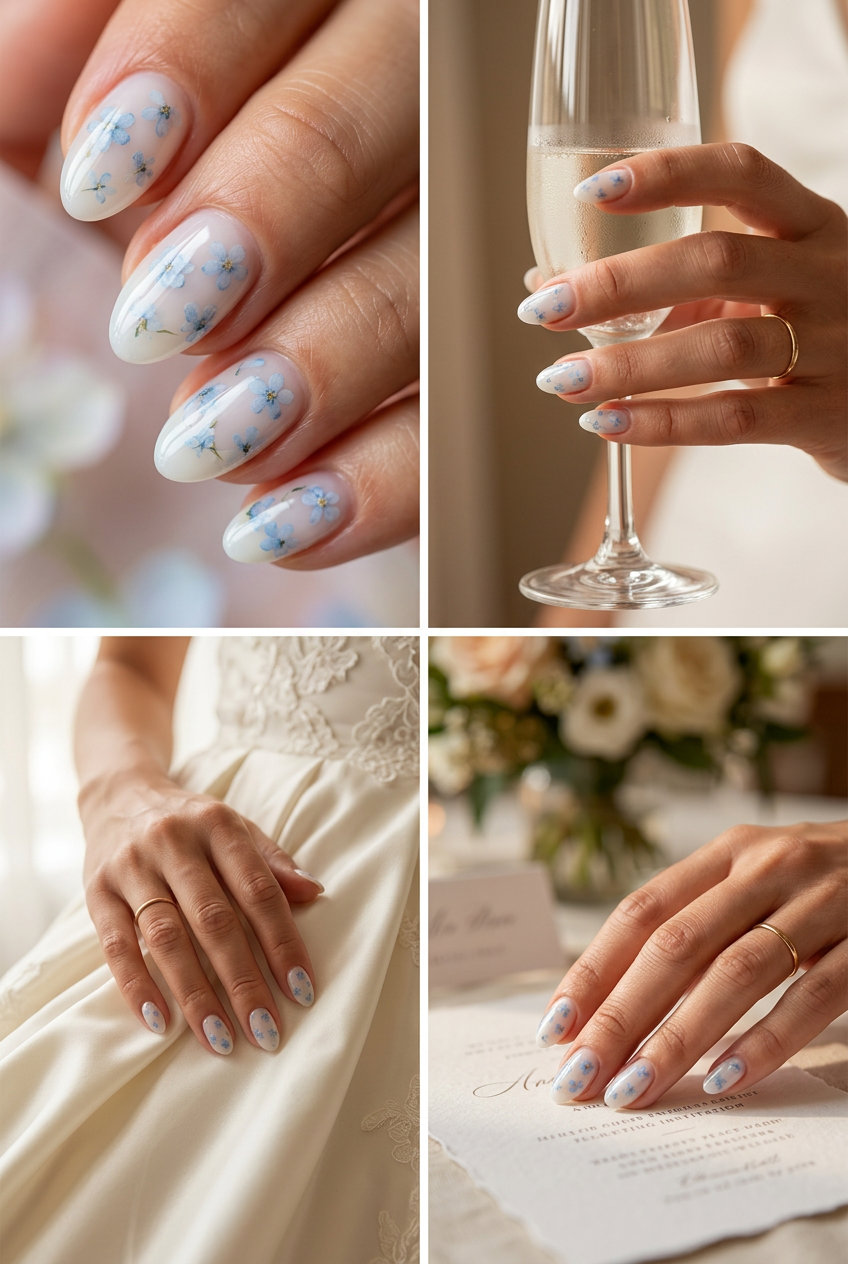 Baby blue floral milk bath nails for blue summer nails 2026. Romantic, dreamy, ethereal wedding style.
