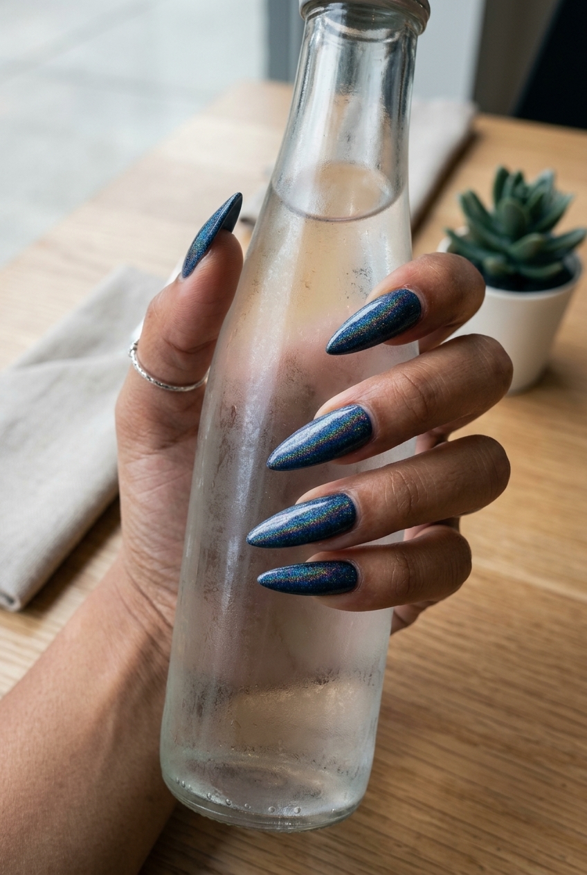 Deep Sea Blue Holographic Stiletto nails for edgy summer 2026 festivals and nights out.