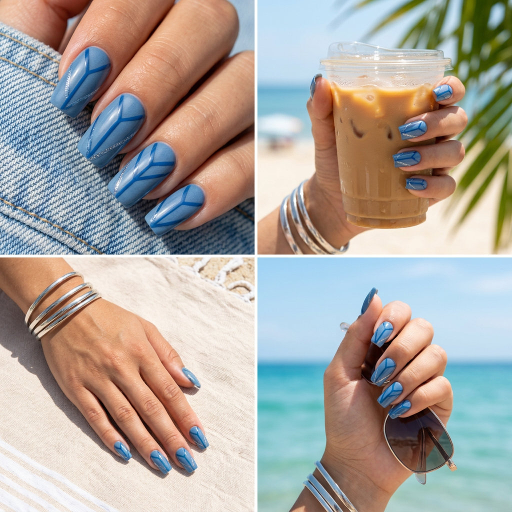 Denim Blue Negative Space Geometry nails for minimalist chic daily wear in summer 2026.