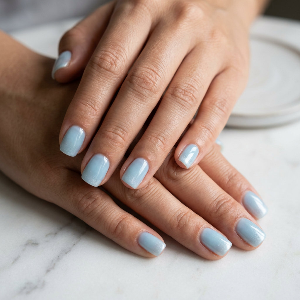 Icy blue jelly almond nails with pearl shimmer for a clean, refreshing summer look. Blue summer nails 2026.