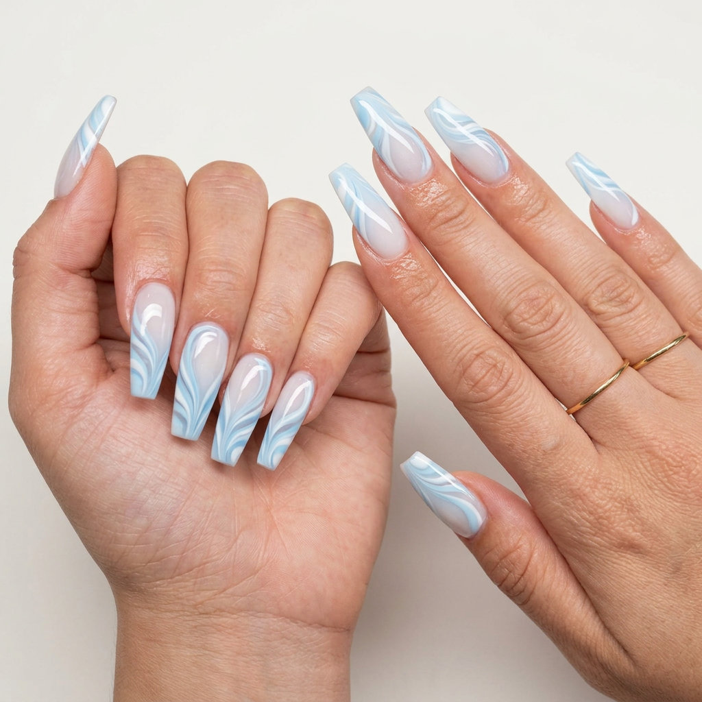 Icy blue water marble nails with soft white swirls for a whimsical festival look. Blue summer nails 2026.