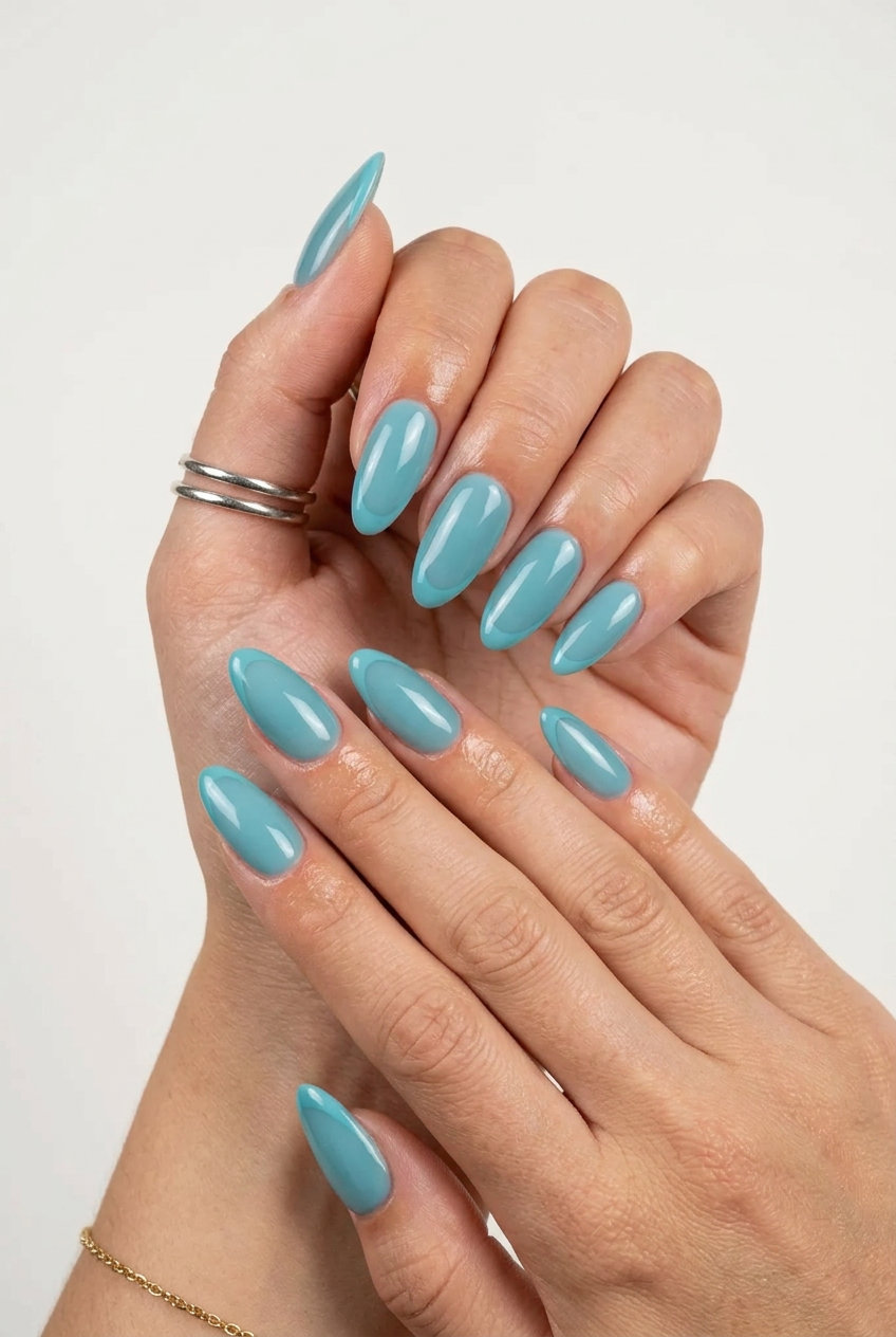 Milky Teal Opaque French nails for chic daily wear and work in summer 2026.