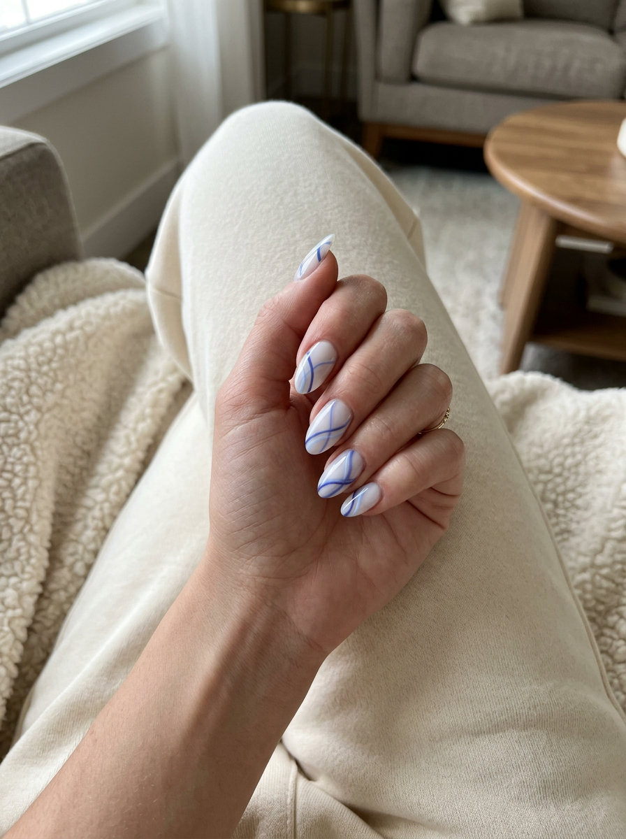 Periwinkle abstract lines on sheer milky white nails for blue summer nails 2026. Minimalist, chic, sophisticated.