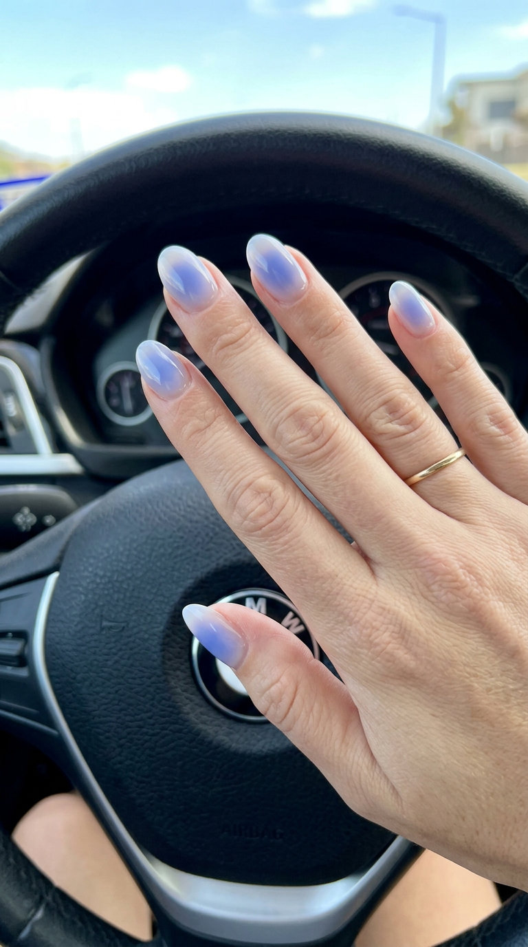 Ethereal Periwinkle Aura Gradient nails for romantic summer 2026 weddings and date nights.