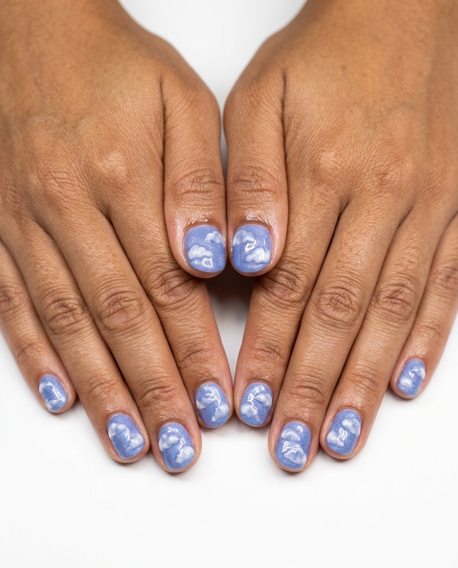 Periwinkle textured cloud art nails with shimmer for blue summer nails 2026. Whimsical, playful, artistic.