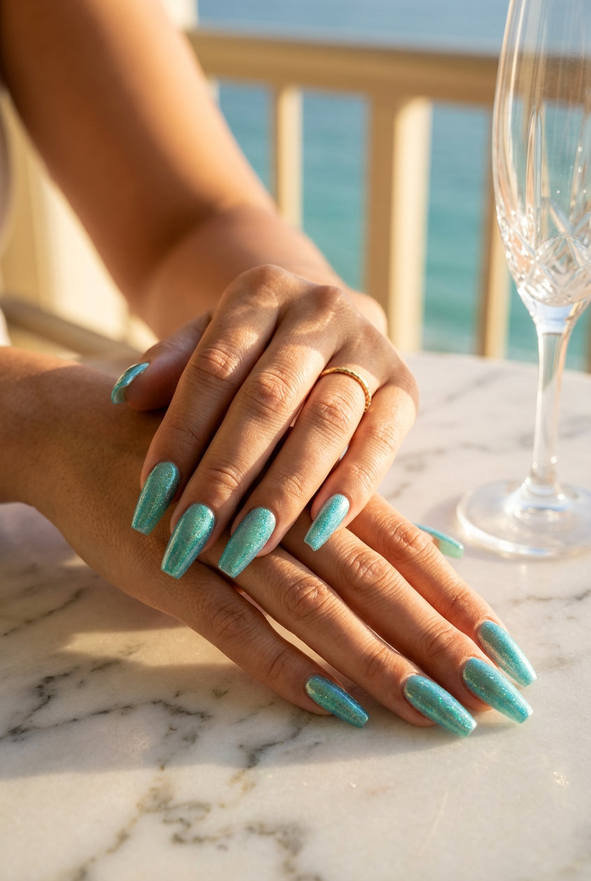 Teal aqua shimmer coffin nails for blue summer nails 2026. Bohemian, tropical, vibrant vacation style.