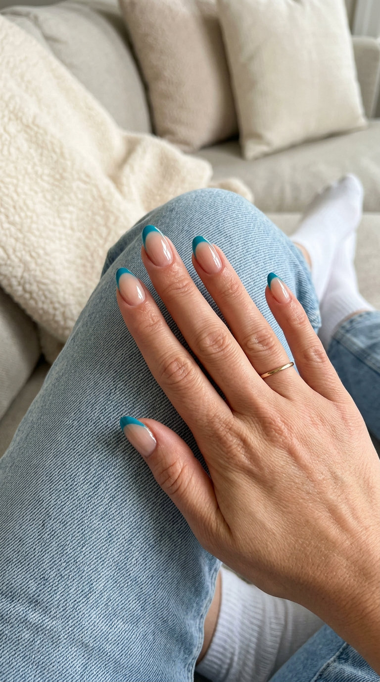 Teal blue French tip nails on a nude base for blue summer nails 2026. Fresh, classic, clean style for events.