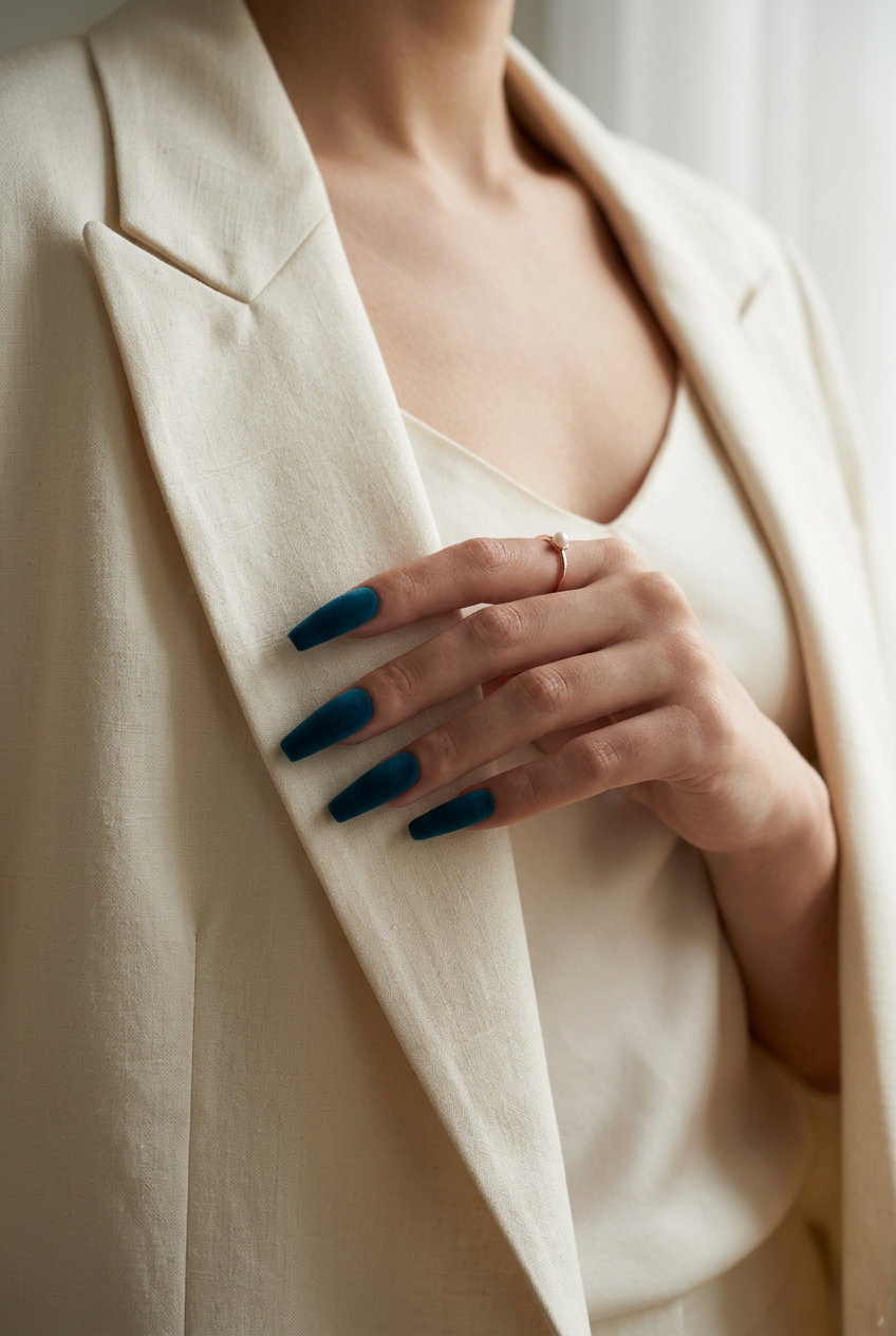 Velvet Teal Enigma nails with matte finish for sultry summer 2026 date nights and events.