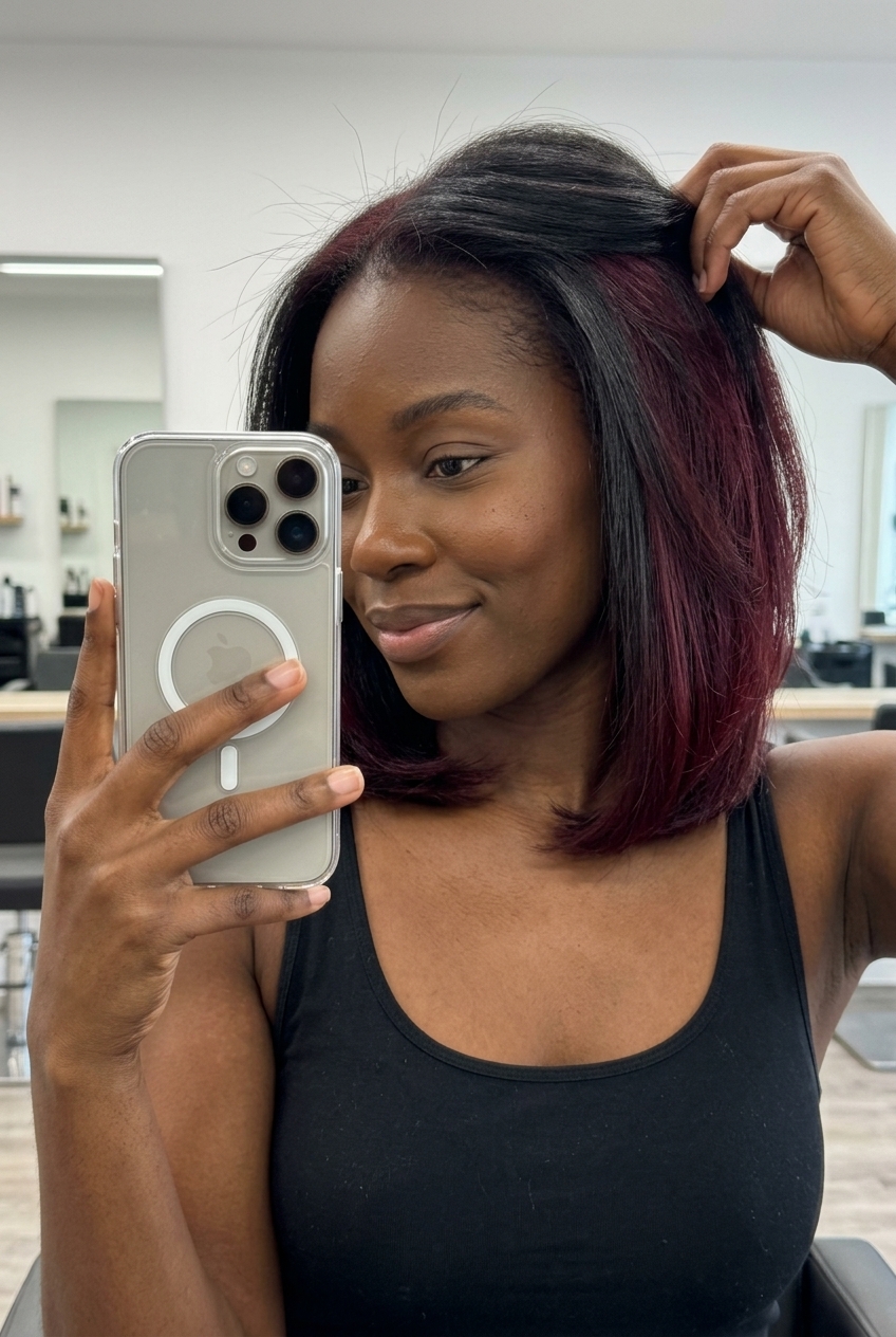 graduated bob with bordeaux velvet underneath and dark base for date nights