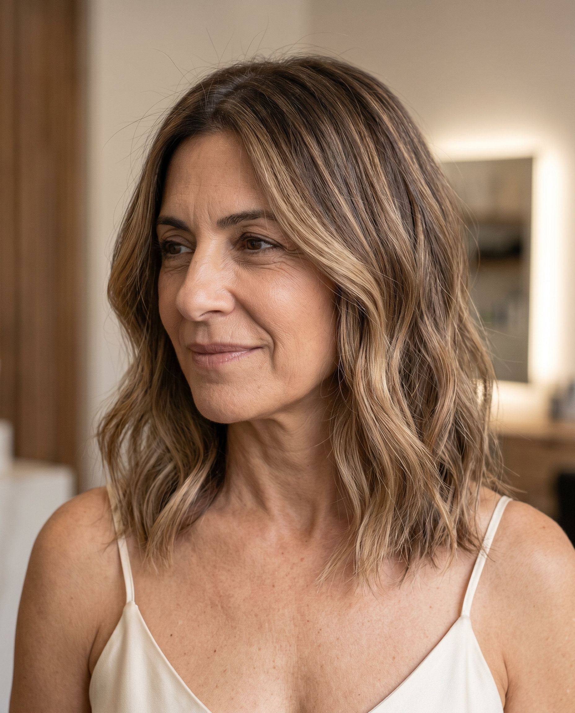 collarbone-length bronde lob with caramel & buttery blonde balayage and face-framing pieces for vacation