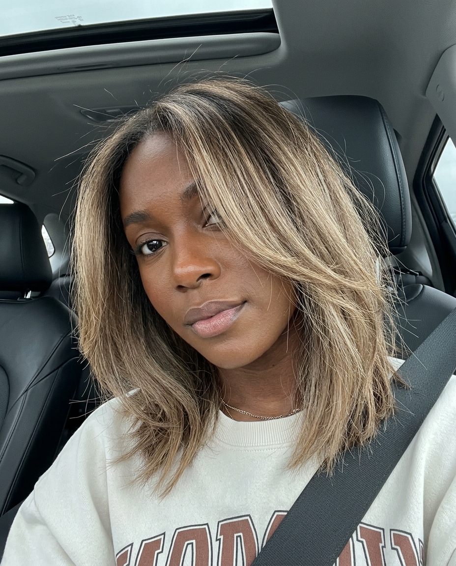 medium textured lob haircut in ashy bronde with ash brown root smudge and beige balayage for edgy style