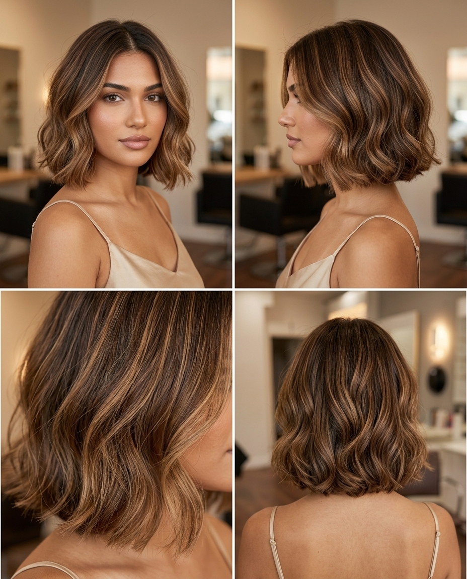 chin-length italian bob haircut with warm bronze babylights, point-cut ends, no bangs — romantic summer evening