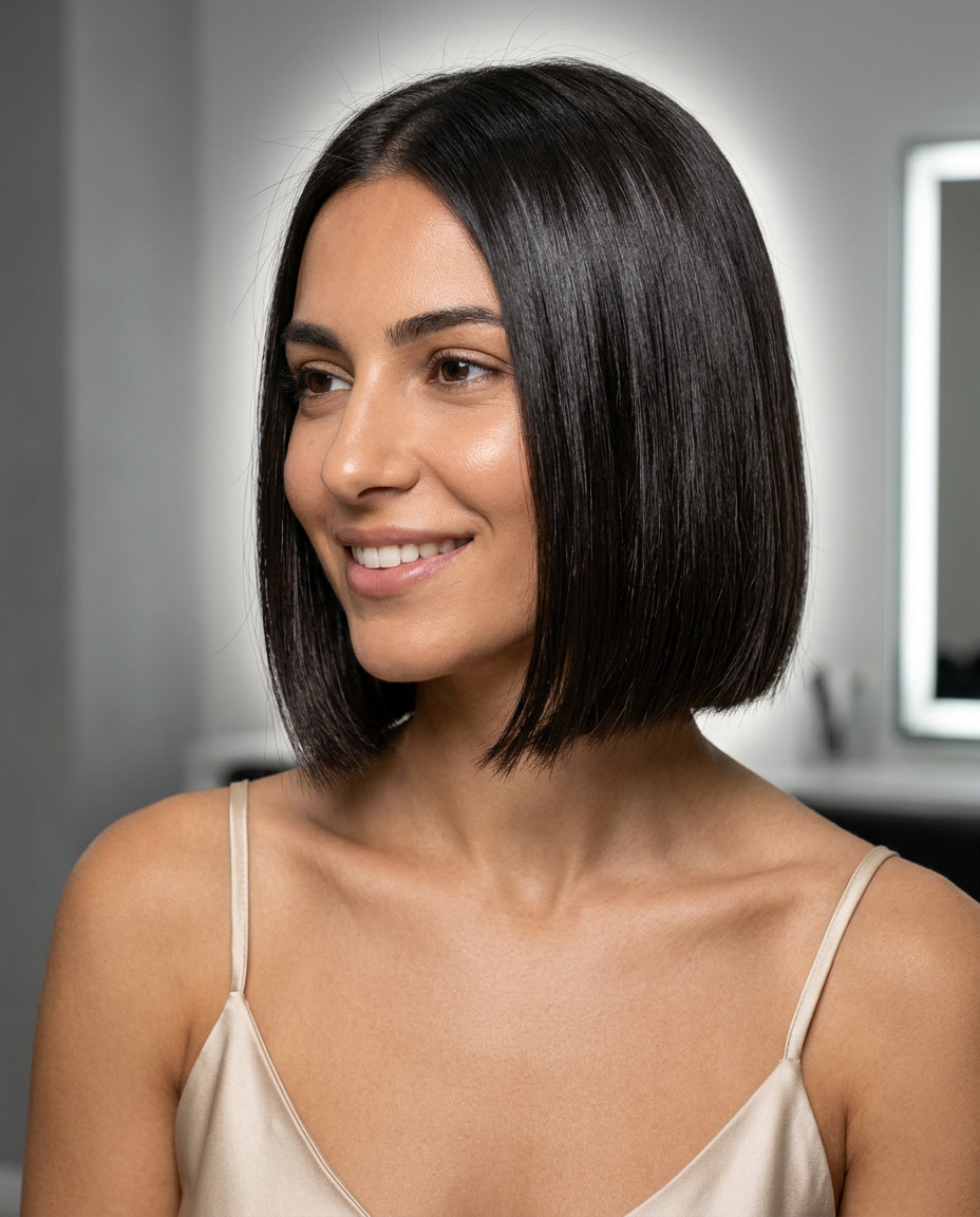chin-length blunt bob haircut with deep brunette, high-gloss finish, no layers — sleek modern party