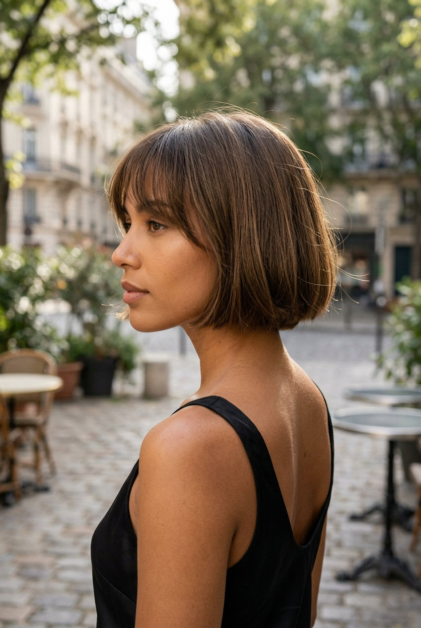 chin-length French bob haircut with natural brunette, blunt perimeter, wispy Birkin bangs — chic European travel