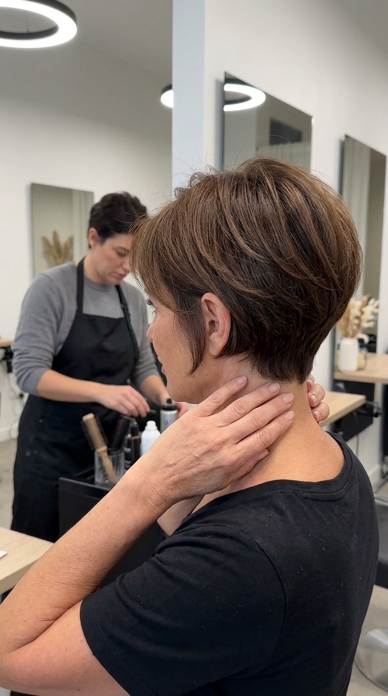 Sculpted Bixie 2026: Chic Summer Haircut for Women Over 50 collarbone-length bixie haircut in natural brunette with warm brown gloss, tapered nape, for sculpted style
