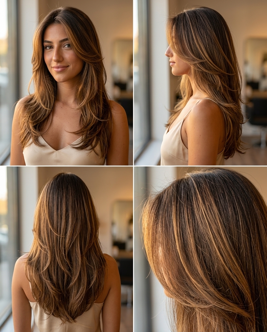 long brunette haircut with warm honey lowlights and soft V-cut for weekend brunch