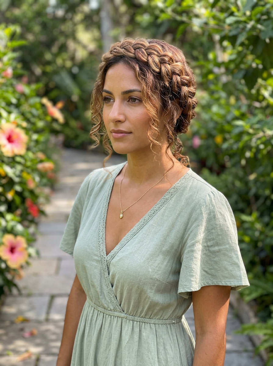 long Dutch braid crown with natural brunette, soft curls, ethereal glow — garden party chic