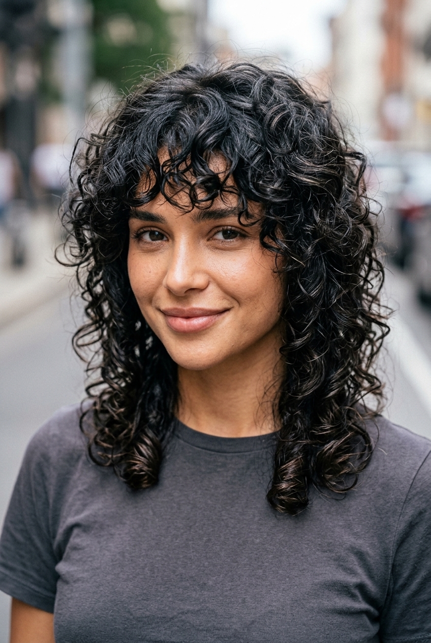 medium lob haircut with natural brunette & honey-caramel balayage, choppy layers, textured ends — edgy, bohemian