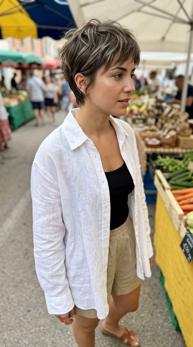 short choppy crop with textured brunette for effortless style