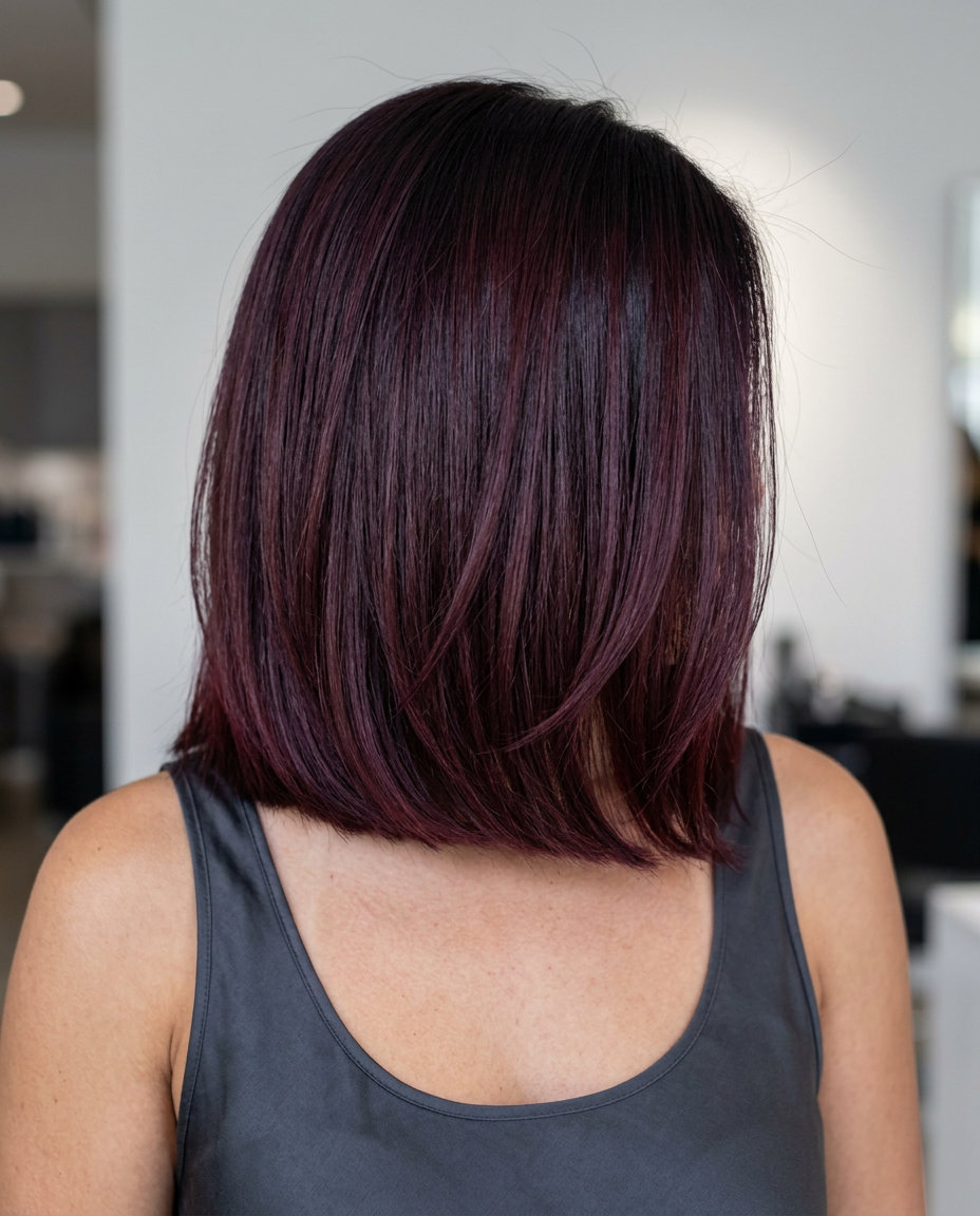 collarbone-length blunt bob in deep burgundy noir with violet-red undertones, single process application for luxury