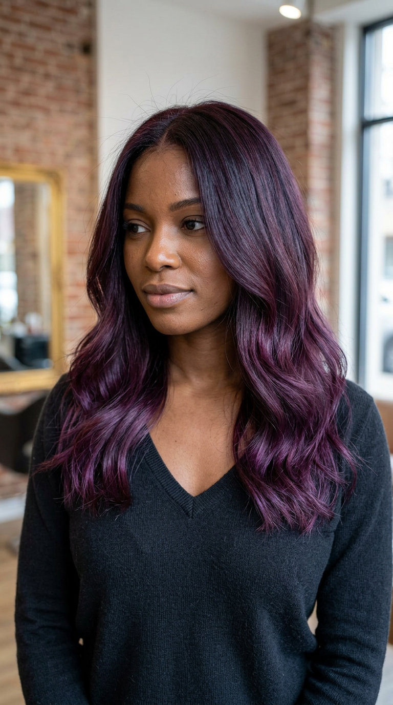 long deep burgundy smoky plum ombre with deep burgundy and smoky plum, diffused blend, no fringe — romantic evening event