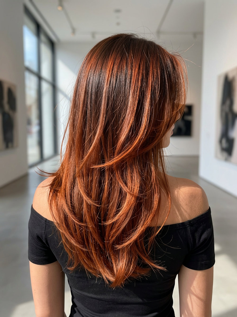 ultra-long flowing cut in burnt sienna balayage with dark chocolate base, soft cascading layers — dramatic festival look