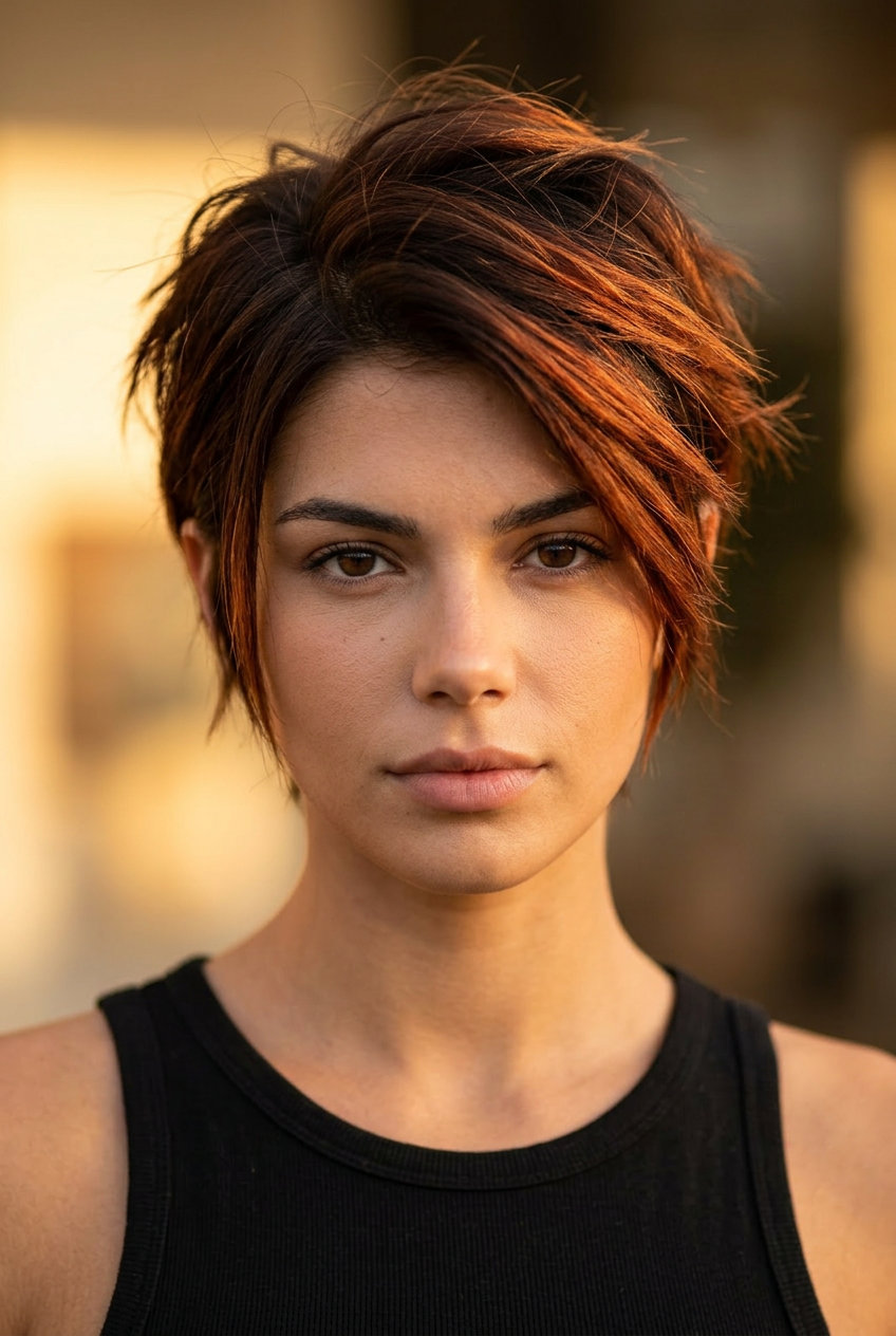 short asymmetric pixie haircut in dark chocolate auburn with fiery sienna balayage, razored ends and edgy fringe — punk concert style