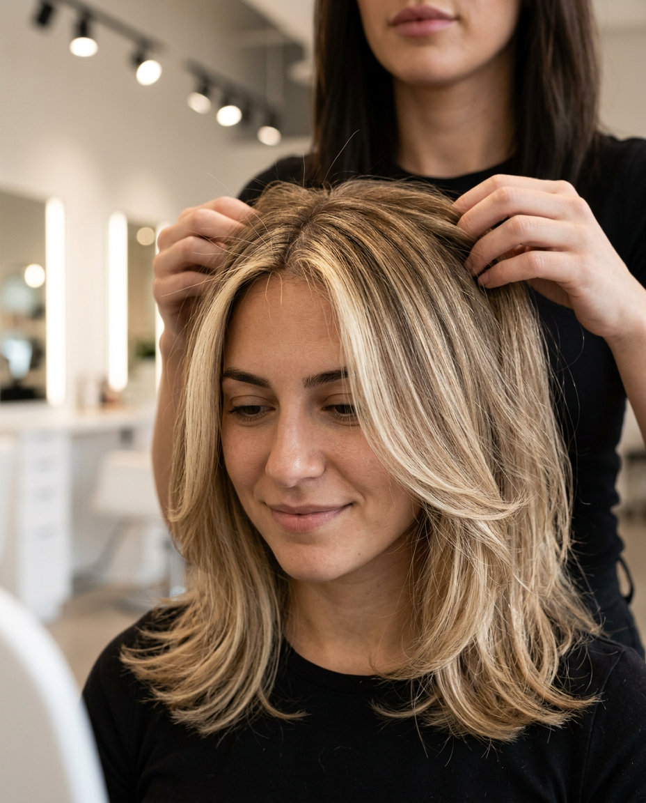 long butter blonde bronde haircolor with creamy beige, babylights, no fringe — luminous