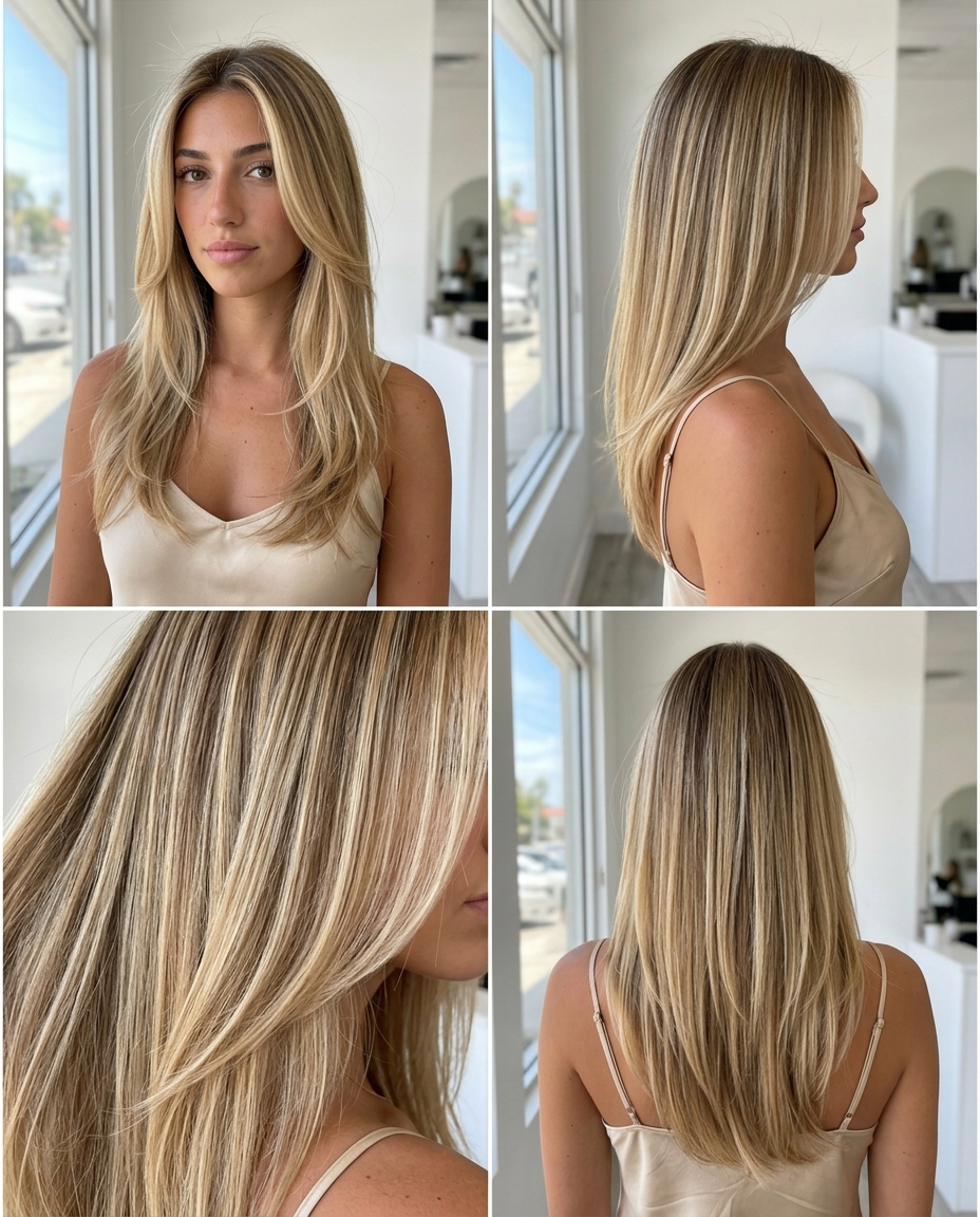 long buttercream blonde haircut with subtle babylights and ghost layers for beach vacation