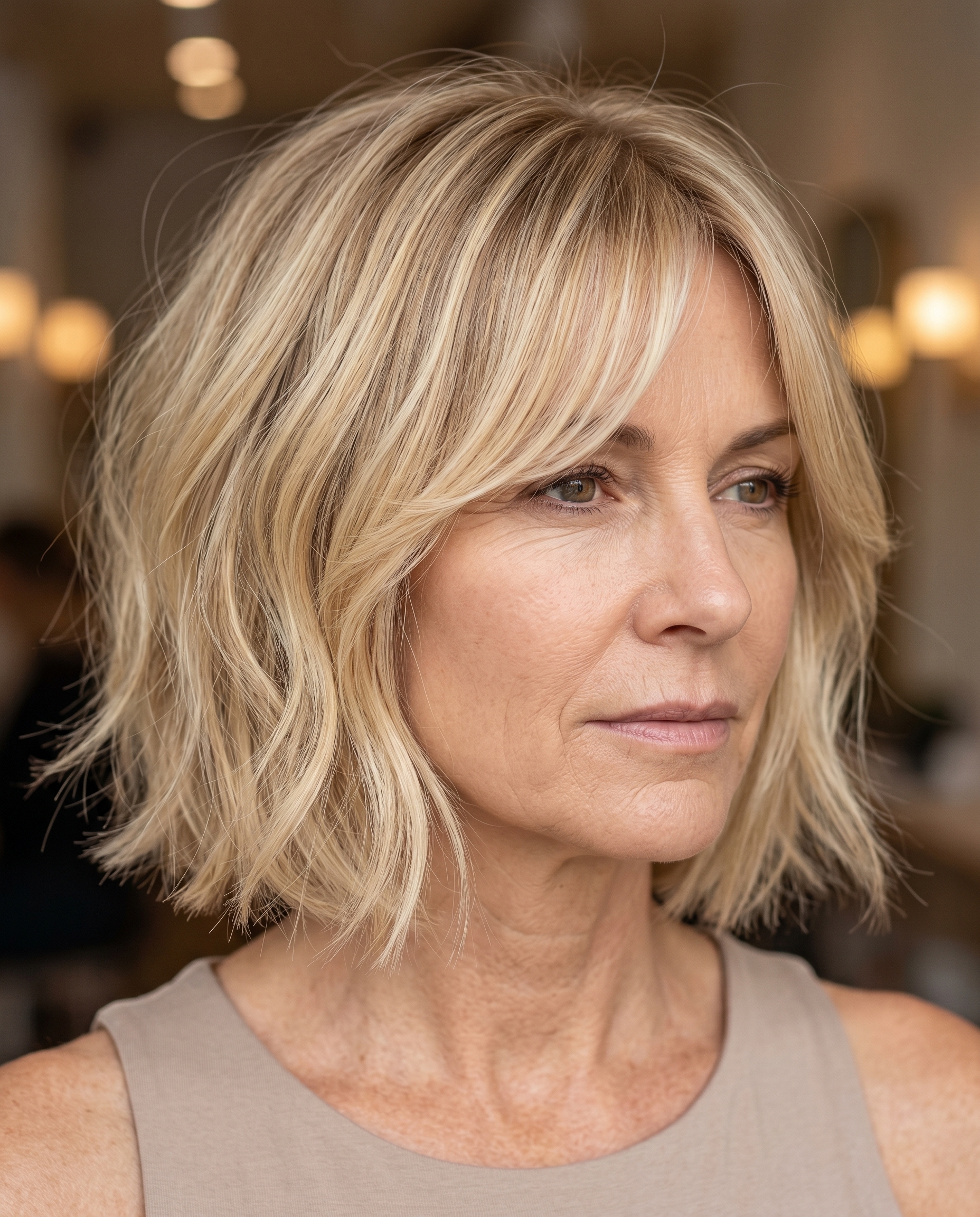 chin-length bob haircut buttercream blonde with golden babylights, soft root blend, curtain bangs — romantic summer 2026 haircut